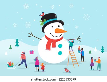 Merry Christmas card, background, bannner with a huge snowman and small people, young men and women, families having fun in snow