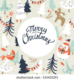 Merry Christmas card, background with cute snowman, trees, branches, mittens, snowflakes, deer, bird, candy, hearts and stars. Ideal for xmas card or elegant holiday party invitation.