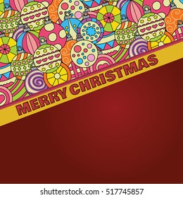 Merry Christmas card background design with decoration balls elements. Doodle vector illustration with lettering. Retro colors