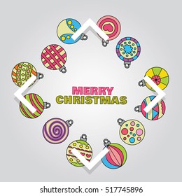 Merry Christmas card background design with decoration balls elements. Doodle vector illustration with lettering. Retro colors