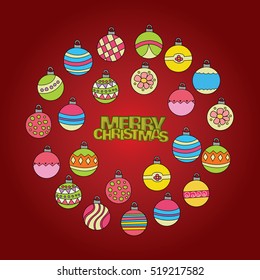 Merry Christmas card background design with decoration balls elements. Greeting card doodle vector illustration with lettering