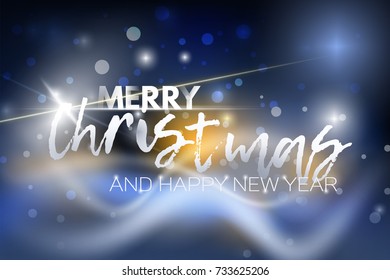 Merry Christmas card, background. Glowing wave, falling snow, sparkles, shiny star and christmas typography on bright blue background with golden glowing
