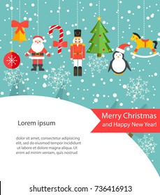 Merry Christmas card or background with hanging toys set, vector illustration. With Santa Claus, penguin, tree, candy etc.