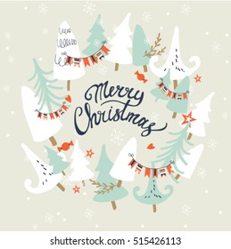 Merry Christmas card, background with trees, branches, mittens, snowflakes, hearts and stars.  Ideal for xmas card or elegant holiday party invitation.