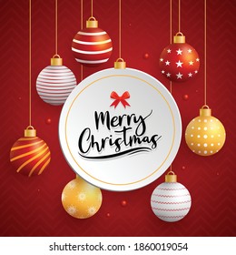 Merry christmas card with ball on red background