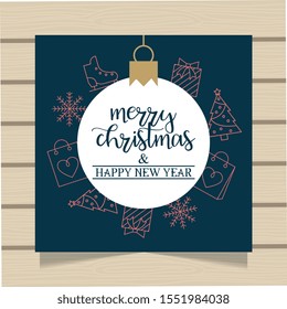 merry christmas card with christmas ball present tree snowflake ice skates . vector illustration
