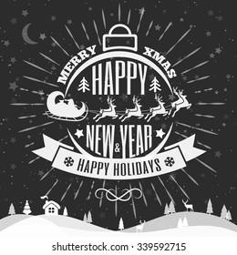Merry Christmas card with christmas ball and sign Happy New Year Happy Holidays on snow holiday background. Santa Claus driving in a sleigh and deers. Vector Illustration 