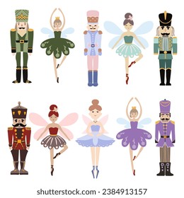 Merry Christmas. Christmas card with ballerina and nutcracker. Vector illustration. Nutcracker in vector. New Year card, banner.