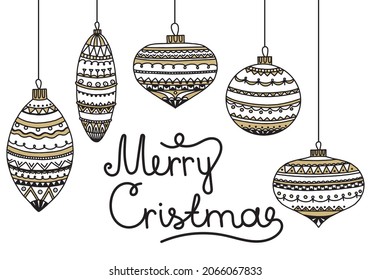 Merry Christmas card with balls. Sketch. Elegant lettering