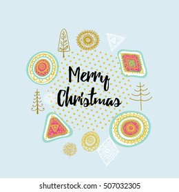 Merry Christmas card, Christmas balls and tree, decorations. Hand-drawn, snow, doodle. Vector illustration.
