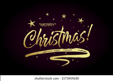 Merry Christmas card, banner. Beautiful greeting poster with calligraphy gold text word ribbon star. Hand drawn design elements. Handwritten modern brush lettering on black background isolated vector