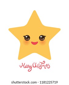 Merry Christmas card banner design Kawaii star, face with eyes, yellow gold pastel colors on white background. Vector