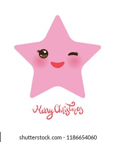 Merry Christmas card banner design Kawaii star, face with eyes, pink pastel colors on white background. Vector