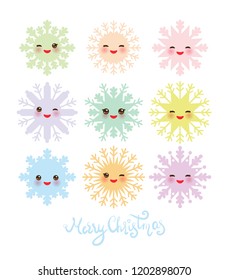 Merry Christmas card banner design Kawaii baby snowflake collection funny face with eyes and pink cheeks, orange pink blue lilac green pastel colors on white background. Vector
