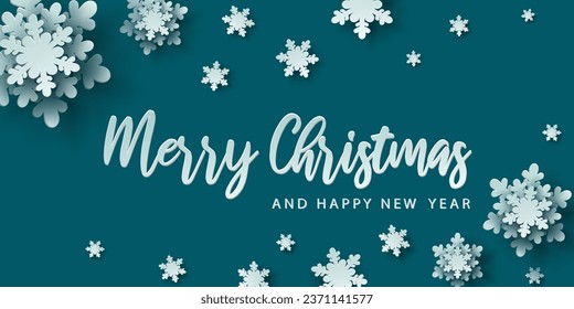 Merry christmas card banner frame with paper cut snowflakes. 3D illustration on teal colored background for presentation, banner, cover, web, flyer, card, sale, poster, slide and social media.	