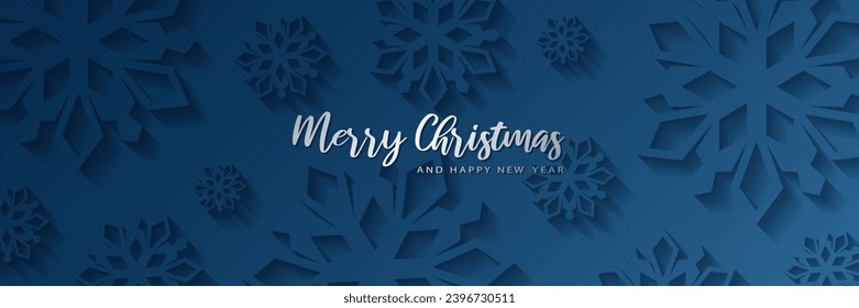 Merry christmas card banner frame with paper cut snowflakes. 3D illustration on blue colored background for presentation, banner, cover, web, flyer, card, sale, poster, slide and social media.	