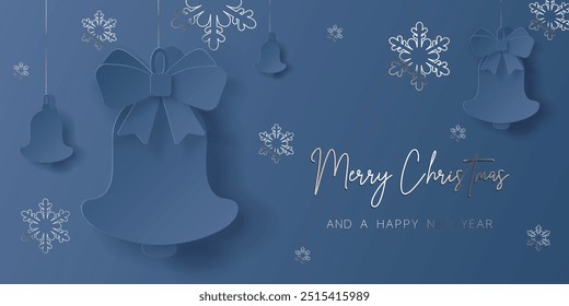 Merry christmas card banner frame background with paper cut elements. 3D illustration on blue colored backdrop for presentation, banner, cover, web, flyer, card, sale, poster, slide and social media.