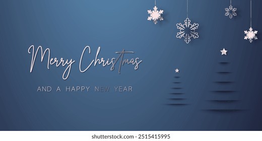 Merry christmas card banner frame background with paper cut elements. 3D illustration on blue colored backdrop for presentation, banner, cover, web, flyer, card, sale, poster, slide and social media.