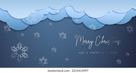 Fundo de quadro de banner de cartão de Natal feliz com elementos de corte de papel. Ilustração 3D em fundo azul colorido para apresentação, banner, capa, web, folheto, cartão, venda, cartaz, slide e mídias sociais.