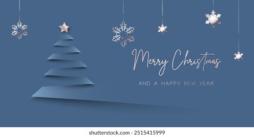 Merry christmas card banner frame background with paper cut elements. 3D illustration on blue colored backdrop for presentation, banner, cover, web, flyer, card, sale, poster, slide and social media.