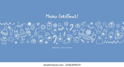 Merry Christmas card or banner with hand drawn doodle sweater, hat, mittens, socks and other Xmas winter elements on blue background. Vector illustration