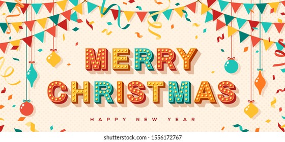 Merry Christmas card or banner with typography design. Vector illustration with retro light bulbs font, streamers, confetti and hanging flag garlands.