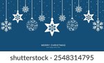 Merry Christmas card banner, xmas graphic with a pattern of white snowflakes and hanging ball decoration on dark blue background.