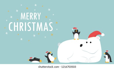 Merry Christmas card. Bear cartoon vector. character design. free space for text. wallpaper. penguin vector.