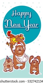 Merry christmas card. Christmas bear. Chinese New Year of the fire rooster 2017. Beautiful Christmas illustration. Creative drawing boards for the winter holidays. Brown bears.