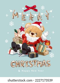 Merry Christmas card with bear doll in Santa Claus costume and presents vector illustration