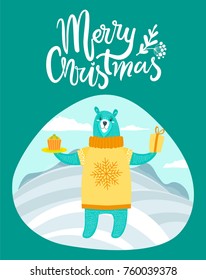 Merry Christmas card with bear on winter landscape dressed in knitted sweater holding present and cake. Vector illustration with friendly polar bear