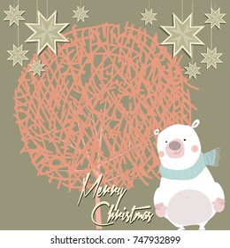 Merry Christmas card with bear and present box. vector illustration. Pastel