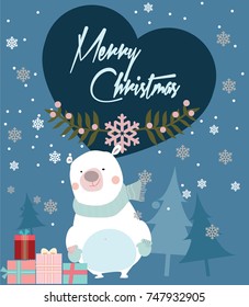Merry Christmas card with bear and present box. vector illustration