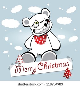Merry Christmas card Bear with Christmas tree