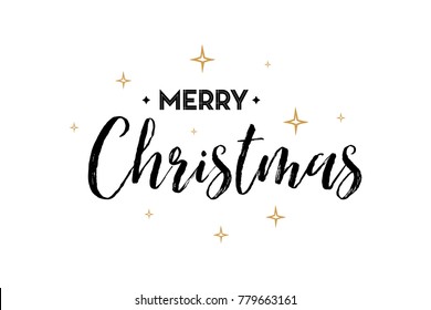 Merry Christmas Card. Beautiful Greeting Winter Banner Poster Calligraphy Inscription Black Text Word, Star, Lights. Hand Drawn Design. Handwritten Modern Brush Lettering Background Isolated