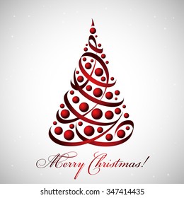 Merry Christmas card with beautiful tree of ribbons and baubles, vector