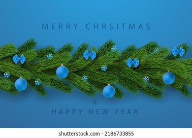Merry Christmas card, blue background. Garland 3D border green branch, holiday elegant text invitation. Hanging decor. Pine tree, bow tie, bauble, confetti snowflakes decoration. Vector illustration
