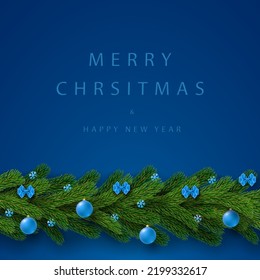Merry Christmas card, blue background. Garland 3D border green branch, holiday elegant text invitation. Hanging decor. Pine tree, bow tie, bauble, confetti snowflakes decoration. Vector illustration