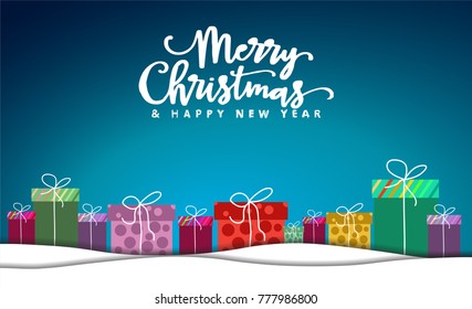 Merry Christmas card, blue background, vector, present, gift, happy holidays