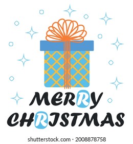 Merry Christmas card with blue gift box. Simple flat postcard winter holidays gift boxes with lettering