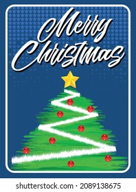 Merry Christmas card blue green tree star