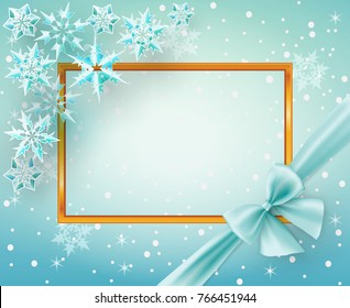 Merry Christmas card with blue snowflakes and gold frame. Decorative Merry Christmas greeting card with blue bow and ribbon. Vector Illustration.