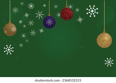 Merry Christmas card with blurred shiny lights white snowflakes hanging ball decoratoin toys on green background Copy space text Greeting card  Banner Poster Winter holidays Classic design New Year