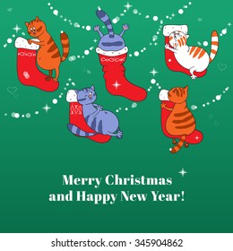 Merry Christmas card with Christmas Boots and cats
