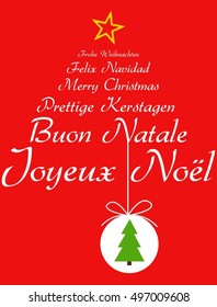 Merry Christmas Card With Christmas Bubble and Tree in Different European Languages In Tree Shape