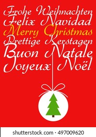 Merry Christmas Card With Christmas Bubble and Tree in Different European Languages on Red Background