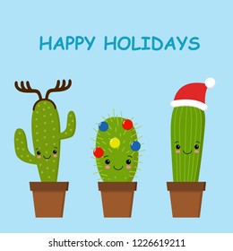 Merry Christmas card. Cactus in a Christmas hat. Cute vector greeting card.
