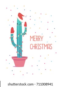 Merry Christmas card. Cactus in a Christmas hat and mittens. Cute vector greeting card.
