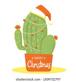 Merry Christmas card. Cactus in Santa hat and holiday text. Vector greeting card illustration background isolated on white