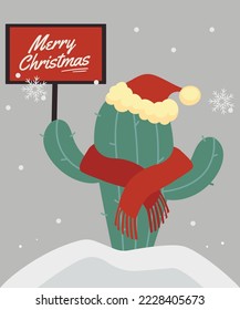 Merry Christmas card with a Cactus wearing Santa Hat and Scarf